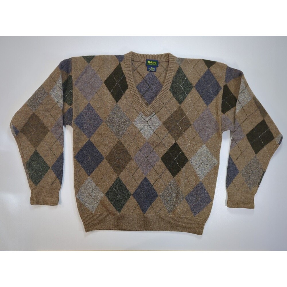 VTG Byford Argyle V Neck Sweater Mens XL Brown 100% Lambswool Classic Preppy